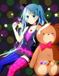 Rule 34 | 1girl, ail, bad id, bad pixiv id, blue eyes, blue hair, bow, bowtie, choker, cup, drinking glass, gem, hat, hatsune miku, jewelry, matching hair/eyes, mini hat, mini top hat, necklace, sitting, smile, solo, stuffed animal, stuffed toy, teddy bear, thighhighs, top hat, twintails, vocaloid, wine glass