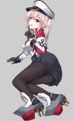 Rule 34 | 10s, 1girl, ass, bad id, bad twitter id, black gloves, blonde hair, blue eyes, breasts, capelet, celtic knot, cleft of venus, cross, full body, gloves, graf zeppelin (kancolle), grey eyes, hat, iron cross, kantai collection, large breasts, legs together, looking at viewer, miniskirt, necktie, pantyhose, peaked cap, pleated skirt, shoes, skirt, solo, takehana note, twintails, white hat