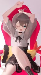 Rule 34 | 1girl, absurdres, ahoge, arms up, black choker, blue eyes, brown hair, brown skirt, choker, commentary request, ebi frion (natsuiro matsuri), hair between eyes, highres, hololive, knee up, looking at viewer, nail polish, natsuiro matsuri, natsuiro matsuri (casual), one eye closed, open mouth, see-through, see-through sleeves, short sleeves, sitting, skirt, socks, solo, thomas 8000, virtual youtuber