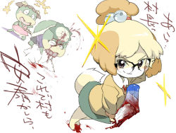 Rule 34 | 1boy, 2girls, adjusting eyewear, animal crossing, animal ears, arm up, barefoot, bell, black-framed eyewear, blonde hair, blood, blood from mouth, blue shirt, blush stickers, body fur, book, brown eyes, brown hair, child, closed eyes, closed mouth, dog ears, dog girl, dog tail, dress, dutch angle, flat chest, full body, furry, glasses, glint, green shorts, green skirt, hair bell, hair ornament, hair tie, happy, holding, injury, isabelle (animal crossing), japanese text, jingle bell, jpeg artifacts, kapp&#039;n (animal crossing), leila (animal crossing), long sleeves, looking at viewer, lying, medaka ken&#039;ichi, miniskirt, multiple girls, neck ribbon, nintendo, on stomach, open mouth, outstretched arm, pink dress, red neckwear, ribbon, rock, shell, shirt, short hair, short sleeves, shorts, sideways mouth, simple background, skirt, sleeveless, sleeveless dress, smile, solo focus, standing, stick, sweater, tail, topknot, translation request, twintails, v-shaped eyebrows, white background, white shirt, yellow sweater