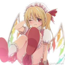 Rule 34 | 1girl, arm behind head, arm up, ass, blonde hair, bloom, blurry, blurry background, blush, breasts, convenient skirt, crystal, depth of field, flandre scarlet, frown, hair between eyes, hat, leaning back, legs up, looking at viewer, medium breasts, mob cap, one eye closed, one side up, puffy sleeves, red eyes, red footwear, shiroi karasu, shoes, short sleeves, simple background, skirt, solo, touhou, twitter username, white background, wings