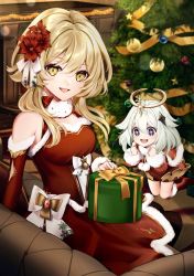 Rule 34 | 2girls, absurdres, asahi (vjss4548), bare shoulders, blonde hair, blue eyes, blush, christmas, christmas ornaments, christmas tree, couch, flower, genshin impact, hair flower, hair ornament, hair ribbon, halo, highres, indoors, looking at viewer, lumine (genshin impact), multiple girls, paimon (genshin impact), ribbon, short hair, white hair, white ribbon, yellow eyes