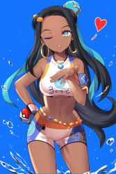 Rule 34 | 1girl, ;o, bad id, bad pixiv id, bare arms, bare shoulders, black hair, blowing kiss, blue background, blue eyes, cowboy shot, creatures (company), crop top, dark-skinned female, dark skin, earrings, forehead, game freak, glint, gloves, gym leader, hair ornament, hand on own hip, heart, highres, holding, hoop earrings, jewelry, kh (kh 1128), long hair, looking at viewer, midriff, navel, nessa (pokemon), nintendo, one eye closed, parted lips, poke ball, poke ball (basic), pokemon, pokemon swsh, short shorts, shorts, single glove, sleeveless, solo, standing, stomach, thighs, very long hair, water