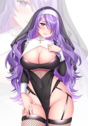 Rule 34 | 1girl, absurdres, alternate costume, banglinh1997, blush, breasts, camilla (fire emblem), cleavage, fire emblem, fire emblem fates, habit, hair over one eye, highres, large breasts, lips, long hair, looking at viewer, nintendo, nun, purple eyes, purple hair, see-through headwear, smile, solo, thick thighs, thighs, very long hair, wavy hair