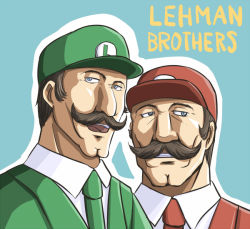Rule 34 | 2boys, bad id, bad pixiv id, blue background, blue eyes, brothers, brown hair, cleft chin, clenched teeth, collared shirt, english text, facial hair, green hat, green jacket, green necktie, hat, jacket, lehman brothers, looking at viewer, looking away, looking to the side, luigi, mario, mario (series), mika-shi, multiple boys, mustache, necktie, nintendo, open mouth, parody, red hat, red jacket, red necktie, shirt, siblings, teeth, text focus, upper body, white shirt