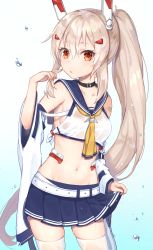 Rule 34 | 1girl, ayanami (azur lane), azur lane, black choker, blue background, blue sailor collar, blue skirt, blush, choker, collarbone, commentary request, cowboy shot, detached sleeves, gradient background, hair between eyes, hair ornament, hairclip, hand up, high ponytail, highres, holding, holding own hair, kon (k0n16), light brown hair, long hair, long sleeves, midriff, navel, parted lips, pleated skirt, ponytail, red eyes, remodel (azur lane), sailor collar, see-through, shirt, skindentation, skirt, sleeveless, sleeveless shirt, solo, thighhighs, very long hair, water, wet, wet clothes, white background, white shirt, white sleeves, white thighhighs, wide sleeves, yellow neckwear