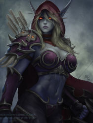Rule 34 | 1girl, armor, arrow (projectile), bikini armor, black nails, blonde hair, blue skin, breasts, choker, cleavage, colored skin, elf, feathers, fingerless gloves, gauntlets, gloves, glowing, glowing eyes, highres, hood, horns, large breasts, lips, long hair, midriff, nail polish, navel, pointy ears, realistic, red eyes, sciamano240, shield, solo, stomach, sylvanas windrunner, warcraft, world of warcraft