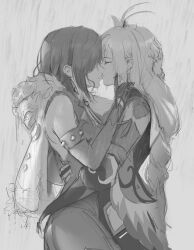 Rule 34 | 2girls, absurdres, bare shoulders, bodysuit, cape, closed eyes, commentary, cowboy shot, english commentary, french kiss, from side, genshin impact, gloves, greyscale, hand on another&#039;s head, hand on another&#039;s waist, highres, ker0nit0, kiss, long hair, monochrome, multiple girls, outdoors, profile, rain, shenhe (genshin impact), short hair, tongue, tongue out, yelan (genshin impact), yuri