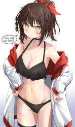 Rule 34 | 1girl, alternate costume, artist request, bikini, blush, breasts, brown hair, cleavage, facial tattoo, guardian tales, hand on own hip, highres, jacket, korean text, looking at viewer, medium breasts, mismatched bikini, navel, ponytail, scrivener lahn, simple background, solo, speech bubble, swimsuit, tattoo, yellow eyes