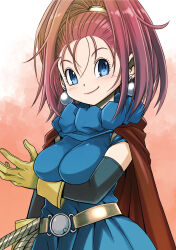 Rule 34 | 1girl, absurdres, arm under breasts, barbara (dq6), belt, black sleeves, blue dress, blue eyes, breasts, brown hair, closed mouth, commentary request, detached sleeves, dragon quest, dragon quest vi, dress, earrings, gloves, gradient background, hair pulled back, high collar, high ponytail, highres, jewelry, large breasts, light blush, looking at viewer, muramasa mikado, open hand, pearl earrings, smile, solo, upper body, whip, wide ponytail, yellow gloves