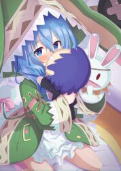 Rule 34 | 1girl, absurdres, animal ears, artina, blue eyes, blue hair, blush, bright pupils, character doll, commentary request, date a live, dress, fake animal ears, green dress, hair between eyes, highres, holding, holding stuffed toy, hood, hood up, indoors, itsuka shidou, long hair, long sleeves, looking at object, nose blush, open clothes, open dress, rabbit ears, seiza, sitting, solo, stuffed toy, wide sleeves, yoshino (date a live), yoshinon
