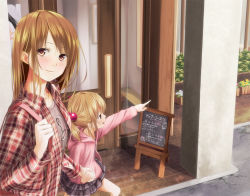Rule 34 | 2girls, bad id, bad pixiv id, bag, blush, brown eyes, brown hair, child, dokipara, female focus, flannel, hair bobbles, hair ornament, holding hands, long hair, multiple girls, open mouth, original, pointing, siblings, sisters, skirt, smile, twintails, yoropa