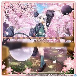 Rule 34 | 1girl, alternate costume, bag, black bow, black bowtie, black footwear, black hairband, blue sky, blurry, blurry foreground, bow, bowtie, brown skirt, cherry blossoms, commentary, copyright name, copyright notice, cup, drinking, drinking straw, english commentary, full body, game cg, ghost, green jacket, green socks, green vest, grey hair, hairband, holding, holding cup, jacket, konpaku youmu, konpaku youmu (ghost), konpaku youmu (graceful hakugyoku student council member), looking at viewer, outdoors, plaid, plaid skirt, rotte (1109), school uniform, short hair, short sleeves, shoulder bag, skirt, sky, socks, solo, standing, third-party source, touhou, touhou lostword, vest