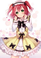 Rule 34 | 10s, 1girl, black bow, black bowtie, blush, bow, bowtie, clenched hands, collared dress, cowboy shot, dress, frilled dress, frilled sleeves, frills, green eyes, hair between eyes, hairband, heart, kurosawa ruby, lolita fashion, lolita hairband, long hair, long sleeves, looking at viewer, love live!, love live! school idol festival, love live! sunshine!!, red hair, sakura hiyori, smile, solo, standing, two side up, white background