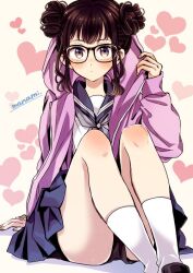 Rule 34 | 1girl, arm support, artist name, black-framed eyewear, blue sailor collar, blue skirt, blush, brown eyes, brown hair, closed mouth, commentary request, double bun, expressionless, feet out of frame, glasses, grey neckerchief, hair bun, hand up, heart, hood, hood up, hoodie, knees up, long sleeves, looking at viewer, neckerchief, open clothes, open hoodie, original, pink hoodie, pleated skirt, sailor collar, school uniform, serafuku, shirt, shorts, shorts under skirt, sidelocks, signature, sitting, skirt, socks, solo, sugano manami, white background, white shirt, white socks