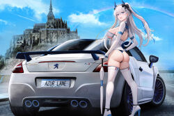 Rule 34 | 1girl, :d, absurdres, alternate costume, architecture, ass, azur lane, black ribbon, blue horns, blue sky, breasts, car, cleavage, cloud, commentary, day, earrings, elbow gloves, fingerless gloves, full body, gloves, gothic architecture, hair between eyes, hair ribbon, high heels, highres, horns, jewelry, kcar66t, large breasts, location request, long hair, looking at viewer, mont st-michel, motor vehicle, open mouth, outdoors, peugeot, peugeot rcz, race queen, real world location, ribbon, shirt, sidelocks, skindentation, sky, smile, solo, standing, suffren (azur lane), thighhighs, white footwear, white gloves, white hair, white shirt, white thighhighs