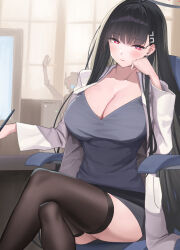 Rule 34 | 1girl, alternate costume, black hair, black skirt, blue archive, blush, breasts, bright pupils, cleavage, closed mouth, coat, commentary request, crossed bangs, feet out of frame, hair ornament, halo, highres, large breasts, long hair, long sleeves, looking at viewer, red eyes, rio (blue archive), shougun (chuckni1), skirt, solo, thighs, white coat, white pupils