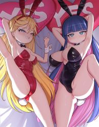 Rule 34 | 2girls, ahoge, animal ears, aqua eyes, areola slip, armpits, arms behind back, ass, bare legs, beckoning, black bow, black bowtie, black leotard, blonde hair, blue borscht, blue hair, blunt bangs, blush, bow, bowtie, breasts, cameltoe, closed mouth, colored inner hair, covered erect nipples, cowboy shot, curvy, detached collar, fake animal ears, fake tail, grin, half-closed eyes, highres, index finger raised, jitome, large breasts, leotard, long hair, looking at viewer, lying, medium breasts, messy hair, multicolored hair, multiple girls, on back, on bed, panty &amp; stocking with garterbelt, panty (psg), pink hair, playboy bunny, purple hair, rabbit ears, rabbit tail, red leotard, sanpaku, shade, shiny clothes, siblings, sisters, smile, spread legs, stocking (psg), streaked hair, tail, thighs, tsurime, two-tone hair, very long hair, wrist cuffs, yes-no pillow
