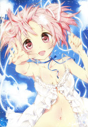 Rule 34 | 10s, 1girl, absurdres, armpits, babydoll, bare shoulders, bottomless, breasts, choker, collarbone, day, fingernails, foreshortening, glowing, hair ribbon, highres, kamiya maneki, kaname madoka, looking at viewer, mahou shoujo madoka magica, medium breasts, navel, no bra, open mouth, out-of-frame censoring, outstretched hand, pink eyes, pink hair, ribbon, ribbon choker, ripples, scan, short twintails, smile, solo, tears, twintails