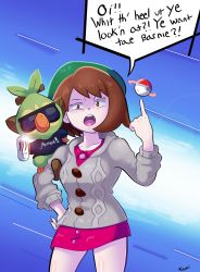 Rule 34 | 1girl, absurdres, angry, artist name, blue background, brown eyes, brown hair, can, child, collarbone, creatures (company), dress, female focus, finger up, fingernails, game freak, gen 8 pokemon, gloria (pokemon), gradient background, grey jacket, grookey, hand on own hip, hat, highres, jacket, legs, looking at viewer, metallica, monster energy, neck, nintendo, open mouth, pink dress, pokemon, pokemon (creature), pokemon swsh, scottish english text, short hair, standing, sunglasses, tam o&#039; shanter, text focus