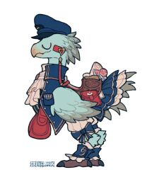 Rule 34 | animal, animal focus, artist name, ascot, bloomers, blue bow, blue coat, blue hat, bow, chocobo, claws, closed eyes, closed mouth, clothed animal, coat, dated, final fantasy, final fantasy xiv, flower, from side, full body, gold trim, hat, heart, no humans, peaked cap, pink flower, pocket, pouch, profile, reins, saddle, scroll, shuini xiaomao, signature, simple background, solo, standing, u u, underwear, white ascot, white background, white bloomers