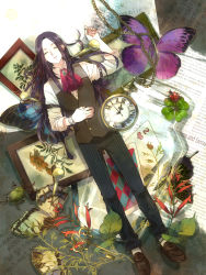 Rule 34 | 1boy, androgynous, ascot, beetle, black hair, bug, butterfly, card, chain, clock, clover, closed eyes, flower, four-leaf clover, full body, heart, highres, hunter x hunter, illumi zoldyck, insect, key, ladybug, loafers, long hair, lying, male focus, photo (object), pin, pinstripe pattern, playing card, pocket watch, scarf, shoes, sleeve garter, solo, striped, suzaku (zaku6584), vest, waistcoat, watch, wristwatch