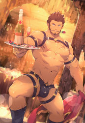 Rule 34 | 1boy, abs, bara, beard, belt, blue eyes, brown hair, bulge, closed mouth, cup, drinking glass, facial hair, fate/grand order, fate (series), flower, highres, large pectorals, long sideburns, looking at viewer, male focus, muscular, napoleon bonaparte (fate), navel, nipples, pectorals, pubic hair, rose, scar, sideburns, solo, sparkle, tengo (maotengo), thighs, waiter