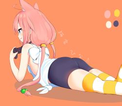 Rule 34 | 1girl, absurdres, animal ears, ass, bike shorts, blue eyes, cat ears, highres, hinata channel, legs, long hair, lying, nekomiya hinata, no bra, no tail, on stomach, pink hair, shorts, simple background, smile, solo, striped clothes, striped thighhighs, thighhighs, twintails, vest, virtual youtuber