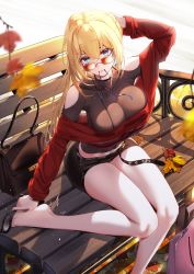 Rule 34 | 1girl, arm up, azur lane, bare legs, bench, blonde hair, blue eyes, blurry, blurry foreground, breasts, cleavage, depth of field, hair between eyes, high heels, highres, impossible clothes, jeanne d&#039;arc (azur lane), large breasts, leaf, leg up, long hair, looking at viewer, looking over eyewear, looking over glasses, midriff, miniskirt, mouth hold, navel, off-shoulder sweater, off shoulder, orange-tinted eyewear, orange-tinted glasses, outdoors, ribbon, ribbon in mouth, sidelocks, sitting, skirt, solo, sunglasses, sweater, tinted eyewear, you ni ge shaobing