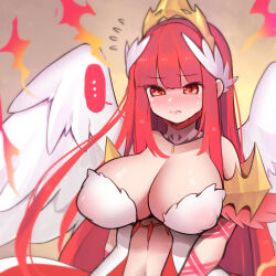 Rule 34 | ..., 1girl, angel wings, blush, breasts, circlet, covered erect nipples, detached collar, ditienan ddn, feathered wings, flying sweatdrops, frown, head wings, large breasts, lingerie, long hair, millennium tour, negligee, nude, red eyes, red hair, shy, sinkou, solo, spoken ellipsis, sweat, underwear, upper body, very long hair, wavy mouth, white negligee, white wings, wings, yellow background