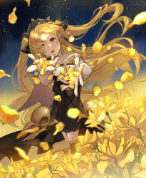 Rule 34 | 1girl, absurdres, blonde hair, fate/grand order, fate (series), flower, highres, looking at viewer, open mouth, petals, puchu huang, red eyes, solo, tears, yellow flower