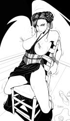 Rule 34 | 1girl, alternate costume, angry, bdsm, bondage, bound, breasts, breasts out, capcom, chair, china dress, chinese clothes, chun-li, double bun, dress, hair bun, kusujinn, looking at viewer, monochrome, nipple clamps, nipples, restrained, solo, street fighter