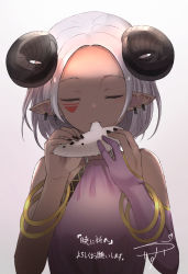 Rule 34 | 1girl, bangle, black nails, bracelet, closed eyes, closed mouth, curled horns, dark-skinned female, dark skin, dress, ear piercing, elbow gloves, facing viewer, forehead, gloves, gradient background, grey background, hands up, highres, holding, holding instrument, horns, instrument, jewelry, music, nail polish, ocarina, original, parted bangs, partially fingerless gloves, piercing, playing instrument, pointy ears, purple dress, purple gloves, rice (okome no naru ki), signature, silver hair, single glove, sleeveless, sleeveless dress, solo, translation request, upper body