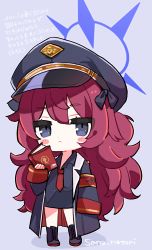 Rule 34 | 1girl, armband, artist name, black shirt, blue archive, blush stickers, book, chibi, halo, hat, highres, iroha (blue archive), jacket, looking at viewer, military, military hat, military uniform, natori sana (artist), necktie, purple background, red hair, red necktie, shirt, simple background, solo, thighs, translation request, twitter username, uniform