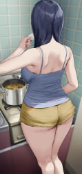 Rule 34 | 1girl, ass, back, bare arms, bare shoulders, blue hair, blue shirt, breasts, cooking, from behind, highres, indoors, large breasts, long hair, oekakizuki, original, plate, pot, shirt, short shorts, shorts, sleeveless, solo, standing, stove, thighs, tile wall, tiles, yellow shorts