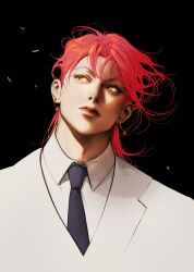 Rule 34 | 1boy, black background, earrings, formal, glass shards, gold earrings, highres, hisoka morow, hunter x hunter, jewelry, looking to the side, male focus, necktie, ra ho, red hair, red lips, short hair, solo, suit, white suit, yellow eyes