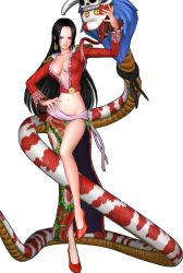 Rule 34 | 1girl, 3d, amazon warrior, blue eyes, blush, boa hancock, breasts, earrings, female focus, full body, jewelry, legs, long hair, midriff, one piece, one piece: pirate warriors, salome (one piece), simple background, snake, solo