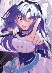 Rule 34 | 1girl, blue archive, blue bow, blue choker, blue dress, blue eyes, blue ribbon, blue sailor collar, blush, bow, choker, collarbone, commentary request, cowboy shot, dress, hair between eyes, halo, highres, holding, holding microphone, idol, idol clothes, lens flare, long hair, looking at viewer, microphone, mikishiro, mischievous straight uniform (blue archive), one eye closed, open mouth, oshi no ko, parted bangs, pointing, pointing at viewer, purple hair, ribbon, ribbon choker, sailor collar, screen zoom, solo, star-shaped pupils, star (symbol), symbol-shaped pupils, teeth, two side up, white dress, yuuka (blue archive)