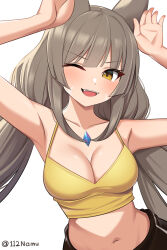 Rule 34 | 1girl, :d, alternate costume, animal ears, armpits, arms up, bare shoulders, breasts, camisole, cleavage, commentary, crop top, grey hair, highres, long hair, looking at viewer, low twintails, medium breasts, midriff, namu (112namu), navel, nia (blade) (xenoblade), nia (xenoblade), open mouth, smile, solo, spaghetti strap, stomach, twintails, upper body, very long hair, white background, xenoblade chronicles (series), xenoblade chronicles 2, yellow eyes