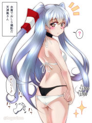 Rule 34 | 1girl, ?, akichin (atelier baguri), amatsukaze (kancolle), bikini, black bikini, blush, breasts, closed mouth, commentary request, grey hair, hair ornament, kantai collection, long hair, looking at viewer, one-hour drawing challenge, small breasts, solo, sparkle, swimsuit, twitter username, two side up, white bikini, yellow eyes