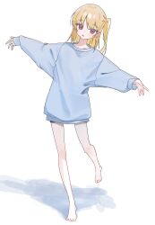 Rule 34 | 1girl, absurdres, barefoot, blonde hair, highres, kurobeko (kur0bek0), pajamas, solo, standing, standing on one leg, white background