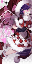 Rule 34 | 1girl, adapted costume, artist name, black gloves, blob, blush, capelet, christmas, doremy sweet, dream soul, dress, fake facial hair, fake mustache, feet out of frame, gloves, highres, ishikawa sparerib, looking back, looking to the side, polka dot, polka dot background, pom pom (clothes), purple eyes, purple hair, red capelet, red dress, red footwear, santa costume, short hair, simple background, solo, sparkle, swept bangs, tail, tapir tail, touhou