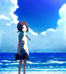 Rule 34 | 1girl, arms behind back, bad id, bad pixiv id, bare legs, barefoot, blue background, blue theme, blush, brown hair, cloud, collared shirt, day, dot nose, flat chest, grey eyes, hair ornament, hairclip, holding, holding shoes, horizon, looking at viewer, mizu asato, neck ribbon, necktie, ocean, original, outdoors, own hands together, pale skin, parted bangs, plaid, plaid skirt, ribbon, sad, school uniform, serafuku, shirt, shoes, short hair, short ponytail, short sleeves, sidelocks, skirt, sky, solo, standing, t-shirt, waves, white shirt