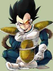 Rule 34 | 1boy, armor, bad id, bad pixiv id, black hair, boots, crossed legs, dragon ball, dragonball z, gloves, grin, male focus, scouter, simple background, sitting, smile, solo, spiked hair, tail, ulimatos, vegeta