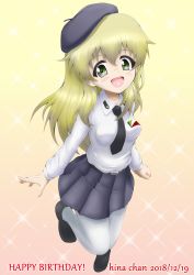 Rule 34 | 1girl, :d, absurdres, anzio school uniform, bad id, bad twitter id, belt, beret, black belt, black footwear, black hat, black necktie, black skirt, blonde hair, blush, carpaccio (girls und panzer), character name, commentary, dated, daxz240r, dress shirt, emblem, english text, full body, girls und panzer, gradient background, green eyes, happy birthday, hat, highres, jumping, light blush, loafers, long hair, long sleeves, looking at viewer, miniskirt, necktie, open mouth, pantyhose, pink background, pleated skirt, school uniform, shirt, shoes, skirt, smile, solo, sparkle, white pantyhose, white shirt, yellow background