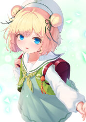 Rule 34 | 1girl, absurdres, annie (agwing86), backpack, bag, blonde hair, blue dress, blue eyes, borrowed character, child, double bun, dress, green background, green neckerchief, green vest, hair bun, hand grab, highres, karv, long sleeves, neckerchief, open mouth, original, red bag, sailor collar, solo, vest, white sailor collar, white sleeves