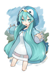 Rule 34 | 1girl, :d, absurdres, blue eyes, blue hair, blue jacket, commentary request, cosplay, creatures (company), cropped legs, dress, game freak, gen 4 pokemon, hair between eyes, hatsune miku, highres, hood, hood up, hooded jacket, jacket, long hair, long sleeves, looking at viewer, nintendo, open clothes, open jacket, open mouth, outstretched arms, piplup, piplup (cosplay), pokemon, rain, reirou (chokoonnpu), see-through, sleeves past wrists, smile, solo, spread arms, very long hair, vocaloid, wet, white dress