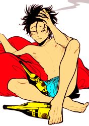 Rule 34 | 1boy, black hair, bottle, boxers, cigarette, color recipe, full body, grey eyes, harada, highres, male focus, male underwear, navel, nipples, one eye closed, topless male, smile, solo, underwear, yatamomo (color recipe)