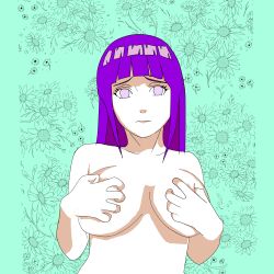 Rule 34 | 1girl, absurdres, bare shoulders, breast hold, breasts, covering privates, covering breasts, grabbing own breast, green background, highres, huge filesize, hyuuga hinata, large breasts, blue background, looking at viewer, naruto (series), purple hair, solo