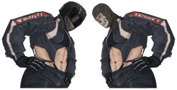 Rule 34 | 1boy, abs, bara, black gloves, black jacket, black pants, call of duty, call of duty: modern warfare 2, ghost (modern warfare 2), gloves, hands on own hips, helmet, highres, jacket, large pectorals, male focus, mask, motorcycle helmet, muscular, muscular male, navel, pants, pectorals, roachp0t, simple background, skull mask, white background